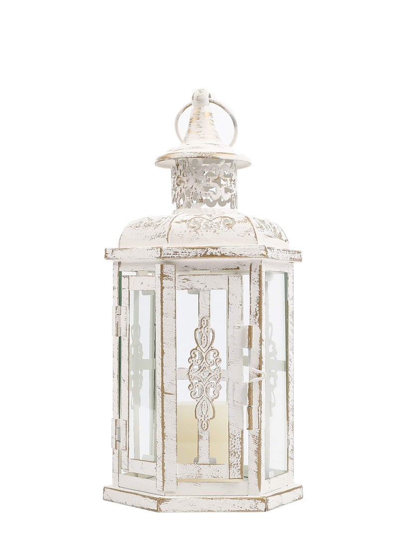 JHY DESIGN Decorative Candle lantern-10inch High Vintage Style Hanging Lantern Metal Candleholder for Indoor Outdoor Events Parities and Weddings (White with Gold Brush) - Image 1